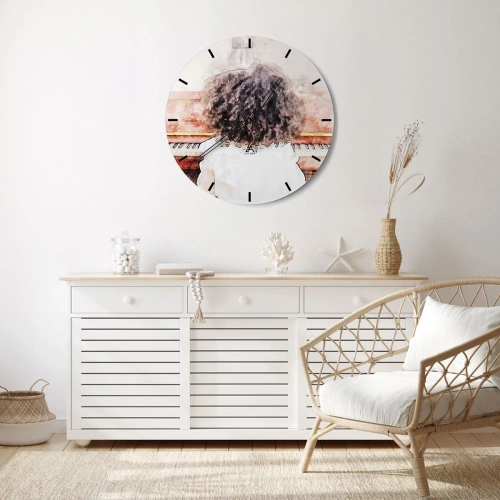 Relógio de parede - Relógio em vidro - Uma criança tocando piano, vista de trás em um estilo artístico. - 30x30cm - Num mundo novo - Decoração de parede moderna para a sala de estar, cozinha e quarto ARTTOR