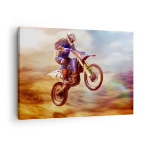 Quadro em tela - Um motociclista em voo durante um passeio off-road dinâmico - 70x50cm - Vertigem da motocicleta - Decoração de parede moderna para a sala de estar e quarto ARTTOR