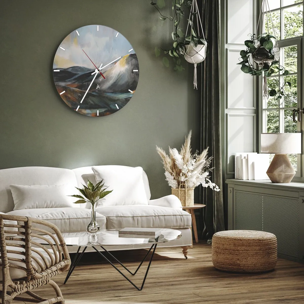 Relógio de parede - Relógio em vidro - Uma paisagem montanhosa pitoresca em cores quentes - 30x30cm - Cru e lindo - Decoração de parede moderna para a sala de estar, cozinha e quarto ARTTOR