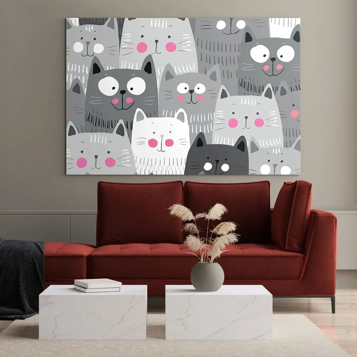 Quadro em vidro - Gatos engraçados em cores cinza sobre fundo branco - 70x50cm - O mundo dos gatos - Decoração de parede moderna para a sala de estar e quarto ARTTOR