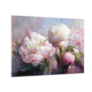 Quadro em vidro - Pintura a óleo de peônias brancas e rosas em flor - 70x50cm - Um buquê cheio de vida - Decoração de parede moderna para a sala de estar e quarto ARTTOR