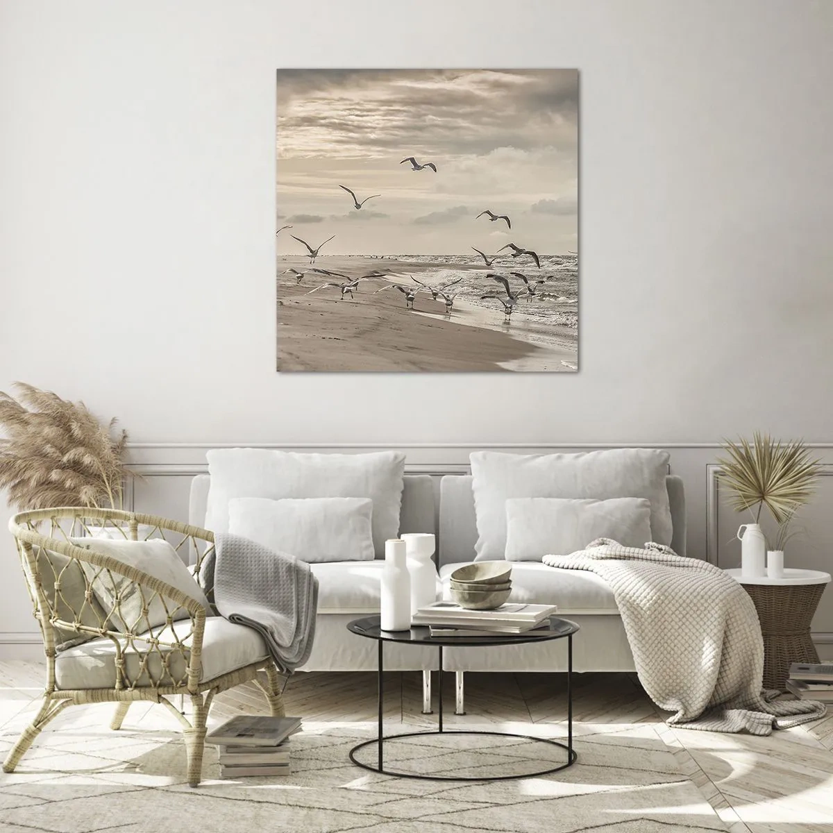 Quadro em vidro - O som do mar, o canto dos pássaros - 40x40 cm