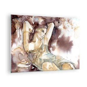 Quadro em vidro - Mulher sensual em uma aquarela artística em tons de sépia - 70x50cm - Em lilás - Decoração de parede moderna para a sala de estar e quarto ARTTOR