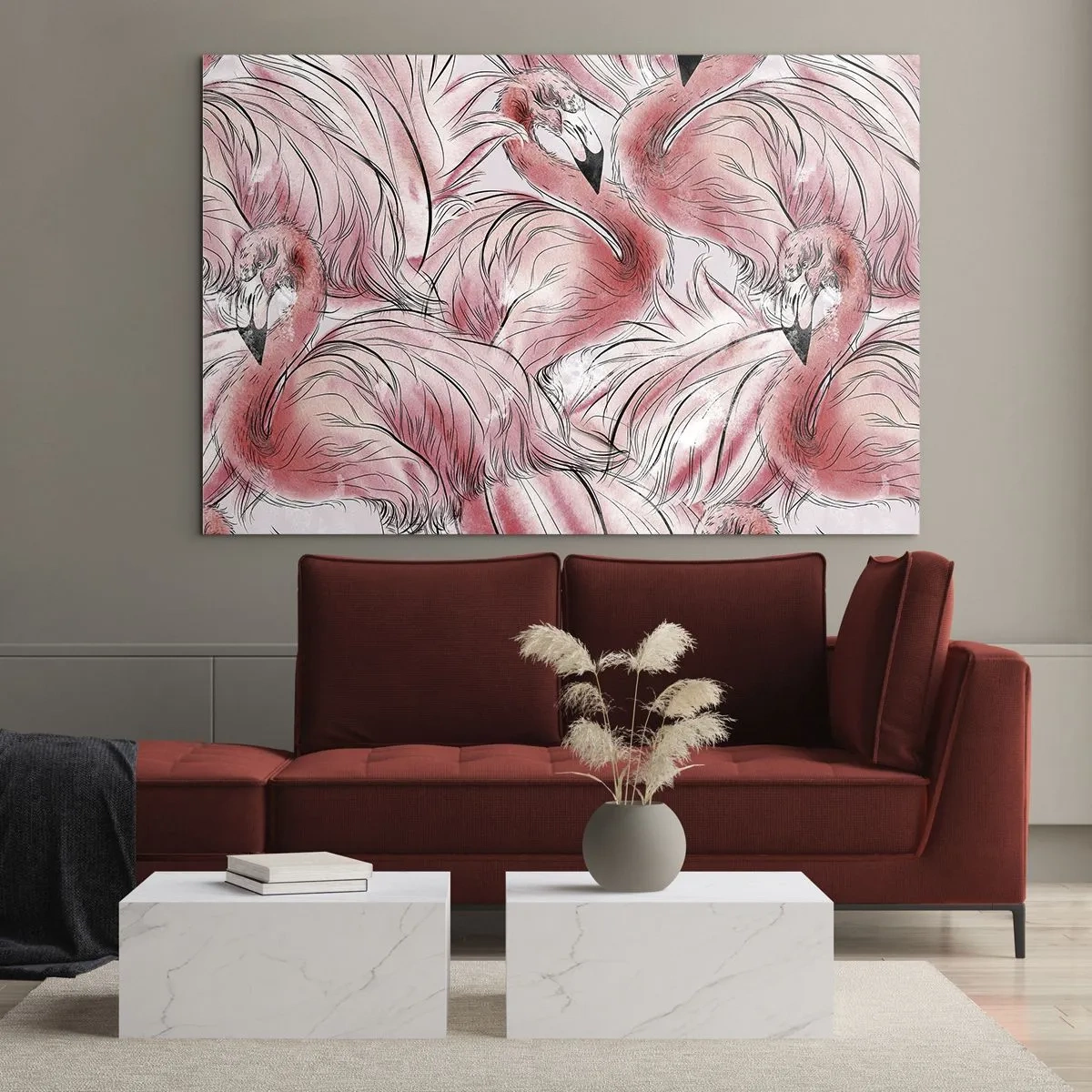 Quadro em vidro - Flamingos cor de rosa em estilo de desenho animado decorativo - 70x50cm - Bird corps de ballet - Decoração de parede moderna para a sala de estar e quarto ARTTOR