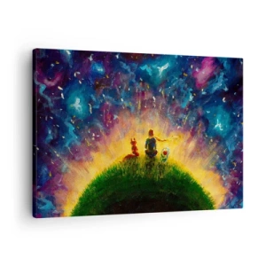 Quadro em tela - Figuras em uma colina verde cercada por um céu estrelado - 70x50cm - Amor e amizade - o mundo inteiro - Decoração de parede moderna para a sala de estar e quarto ARTTOR