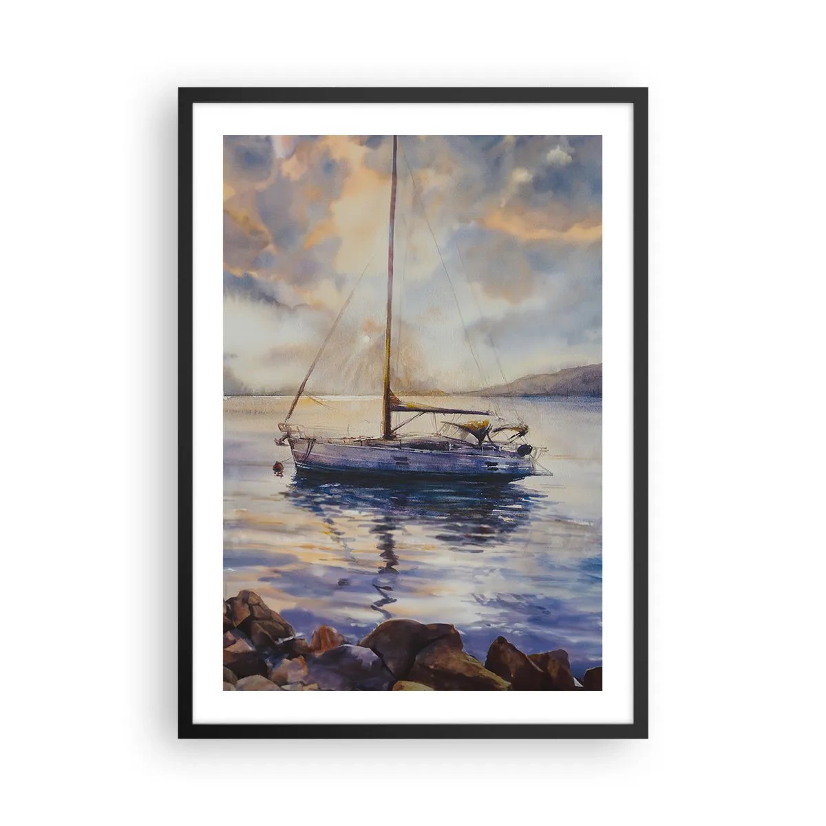 Pôster com moldura preta - Um veleiro em águas calmas sob a luz do pôr do sol - 50x70cm - Noite na baía - Decoração de parede moderna para a sala de estar e quarto ARTTOR