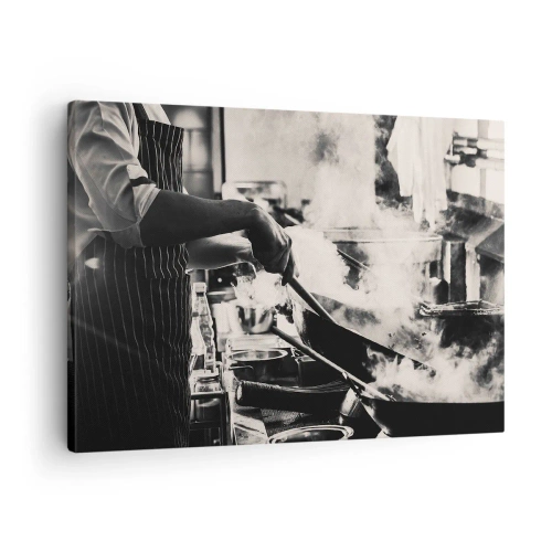 Quadro em tela - Um chef trabalhando na cozinha com vapor saindo de uma frigideira - 70x50cm - Alquimia de sabores - Decoração de parede moderna para a sala de estar e quarto ARTTOR