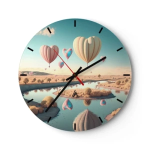 Relógio de parede - Relógio em vidro - Balões em forma de coração flutuando sobre o rio - 30x30cm - O amor permite se reerguer - Decoração de parede moderna para a sala de estar, cozinha e quarto ARTTOR