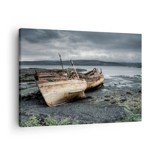 Quadro em tela - Barcos abandonados na praia em uma cena chuvosa - 70x50cm - Como simbolo de um trabalho digno - Decoração de parede moderna para a sala de estar e quarto ARTTOR