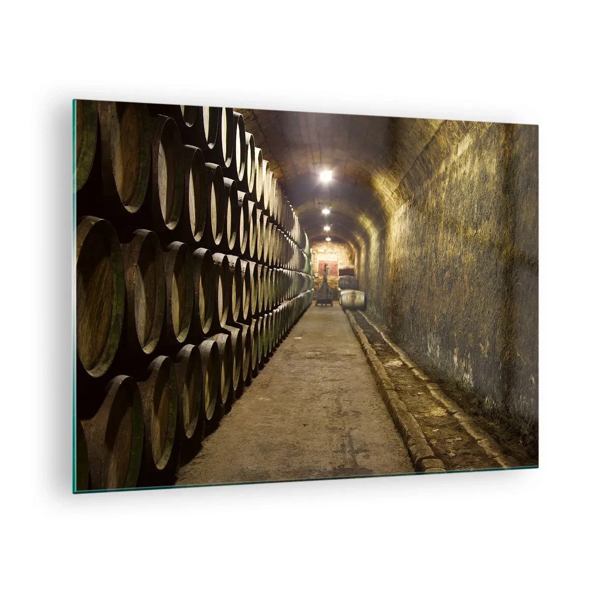Quadro em vidro - Adega com fileiras de barris - 70x50cm - É bom deitar-se - Decoração de parede moderna para a sala de estar e quarto ARTTOR
