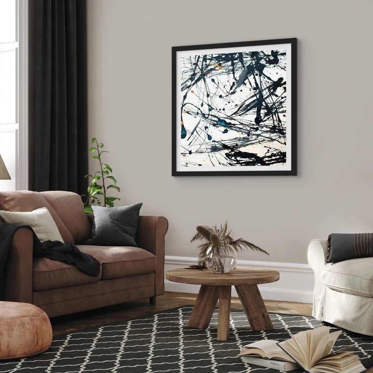 Pôster com moldura preta - Abstração expressionista - 30x30 cm