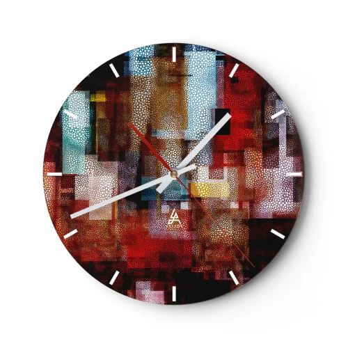 Relógio de parede - Relógio em vidro - Composições abstratas em tons de vermelho e dourado com padrão geométrico - 30x30cm - Uma grande confusão  - Decoração de parede moderna para a sala de estar, cozinha e quarto ARTTOR