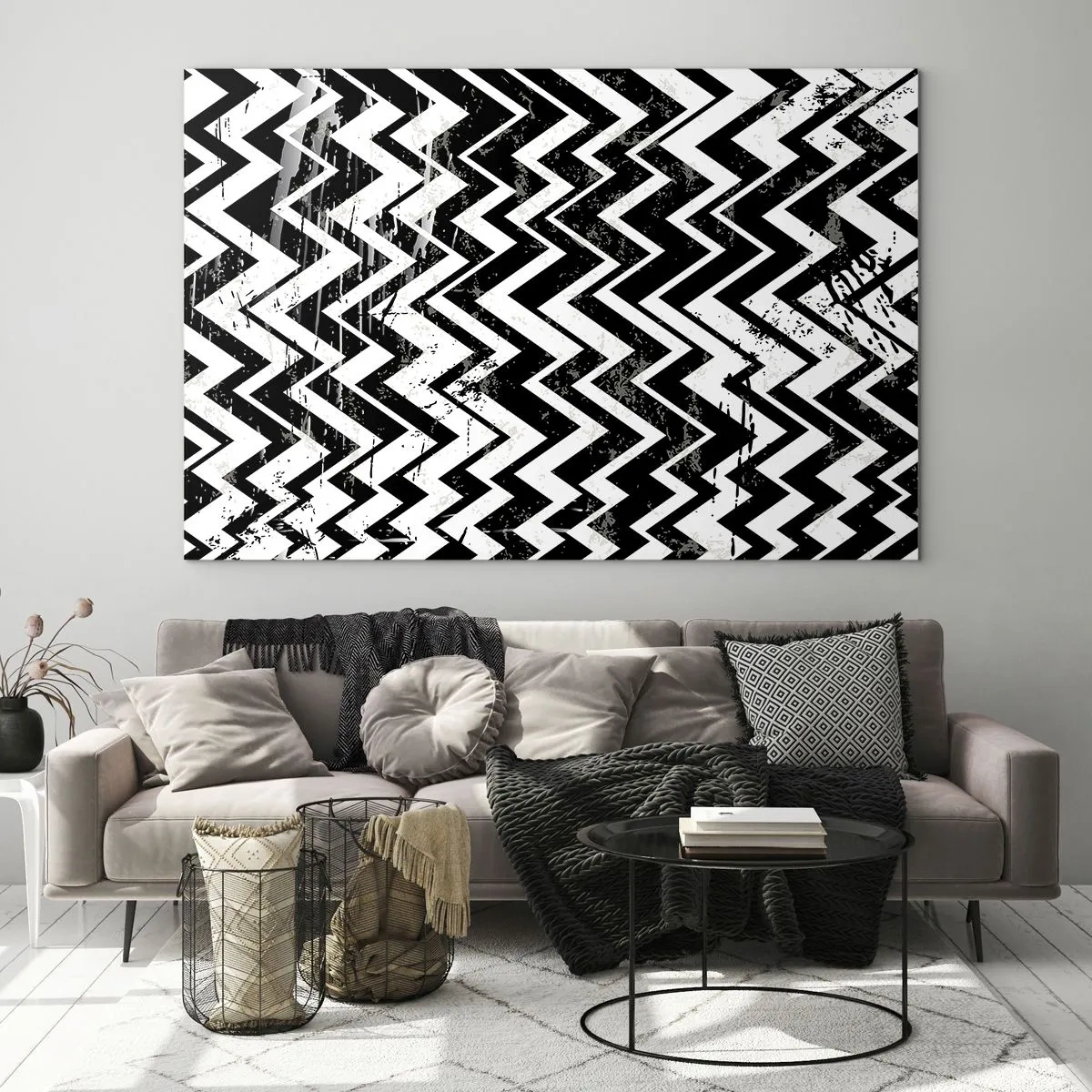 Quadro em vidro - Zig-branco, zag-preto - 100x70 cm