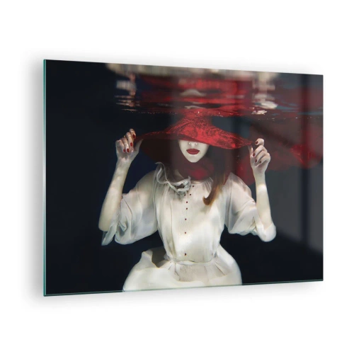 Quadro em vidro - Mulher com chapéu vermelho debaixo d'água - 70x50cm - Demônio do Pântano - Decoração de parede moderna para a sala de estar e quarto ARTTOR