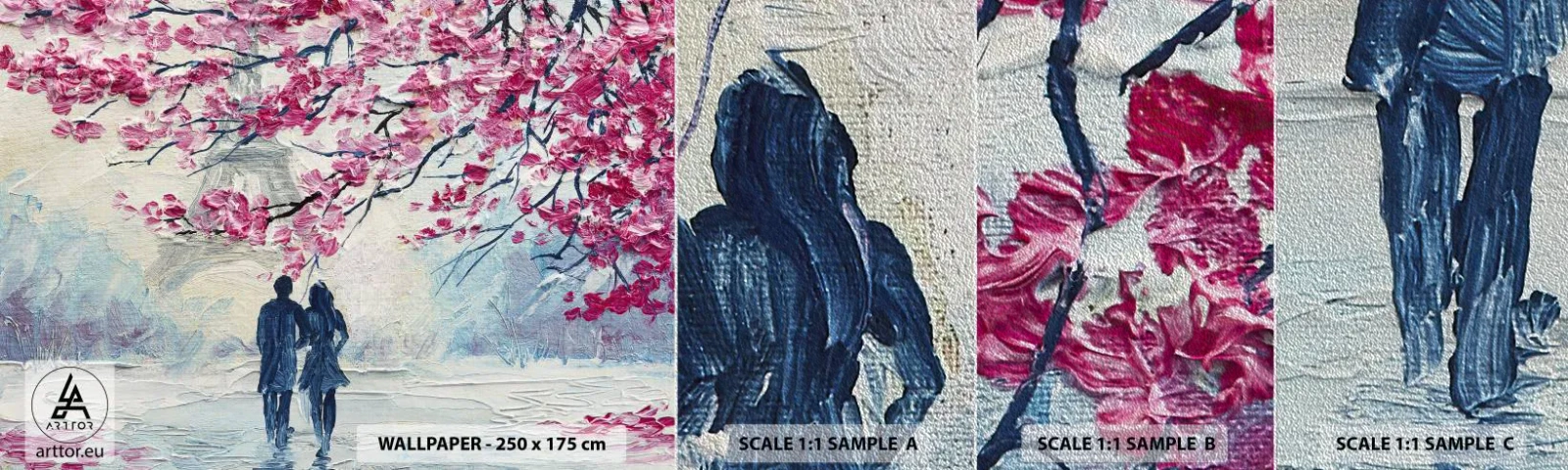 Amostra de papel de parede Premium Sand - Passeio romântico - Paris, Torre Eiffel, Casal apaixonado - 100x30 cm