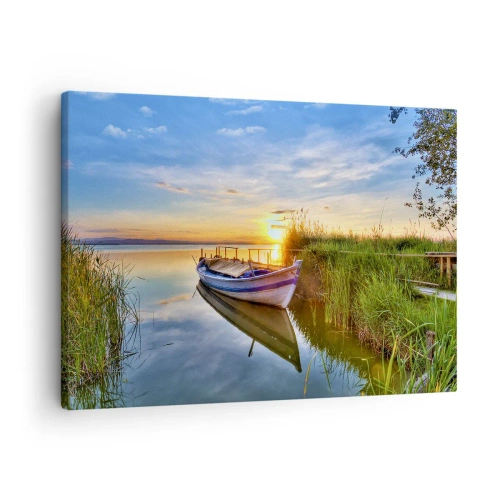Quadro em tela - Um barco em uma baía tranquila ao pôr do sol - 70x50cm - Enseada de sonhos realizados - Decoração de parede moderna para a sala de estar e quarto ARTTOR