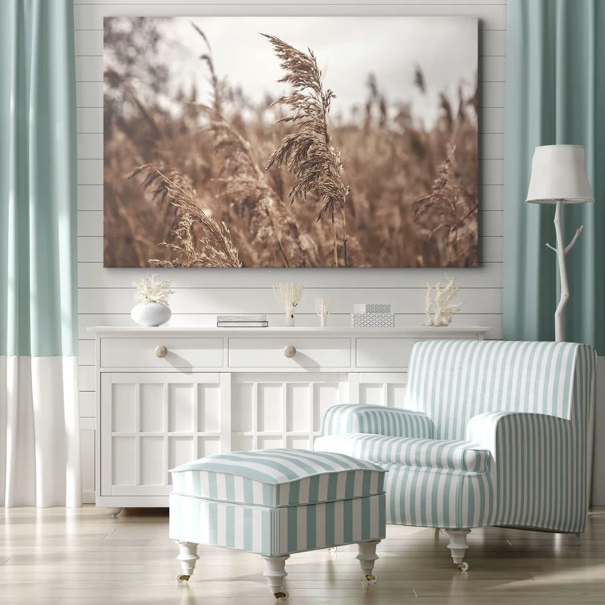Quadro em tela - Gramíneas douradas contra o pano de fundo da paisagem de outono - 70x50cm - O outono já chegou ao campo - Decoração de parede moderna para a sala de estar e quarto ARTTOR