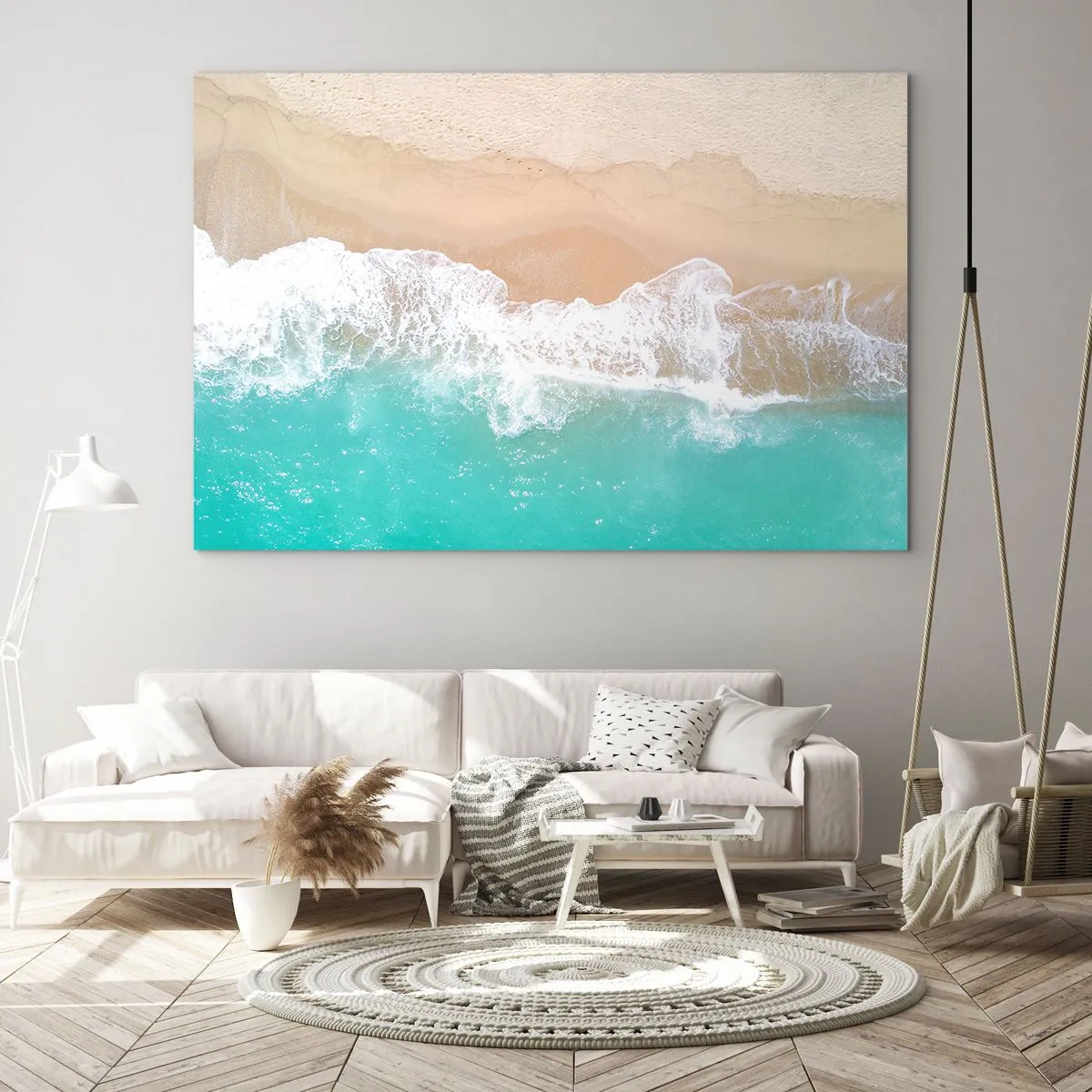 Quadro em vidro - Vista aérea da praia com águas turquesas e ondas brancas - 70x50cm - Toque carinhoso - Decoração de parede moderna para a sala de estar e quarto ARTTOR