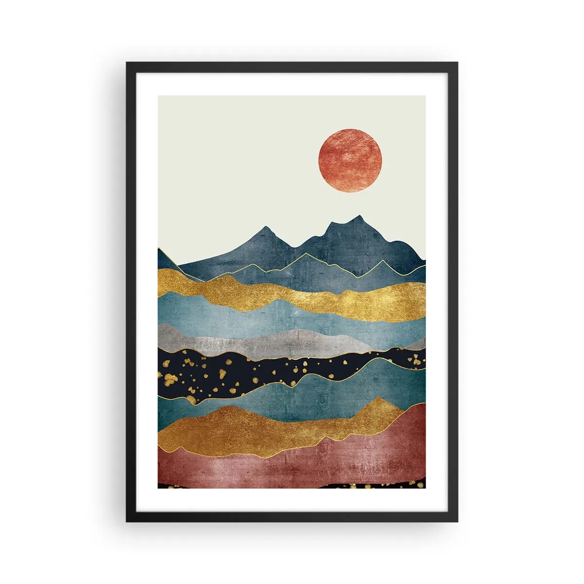Pôster com moldura preta - Montanhas abstratas em tons de dourado, azul e vermelho - 50x70cm - As camadas do mundo - Decoração de parede moderna para a sala de estar e quarto ARTTOR