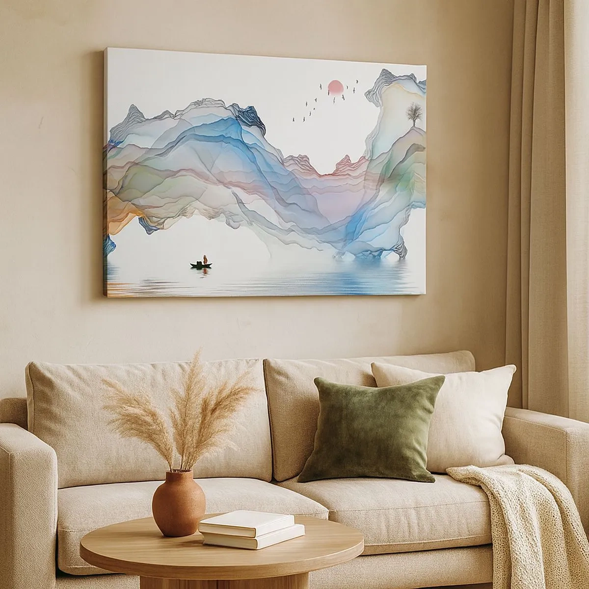 Quadro em tela - Uma paisagem sutil com montanhas, água e um barco - 70x50cm - Em direção às montanhas de cristal - Decoração de parede moderna para a sala de estar e quarto ARTTOR