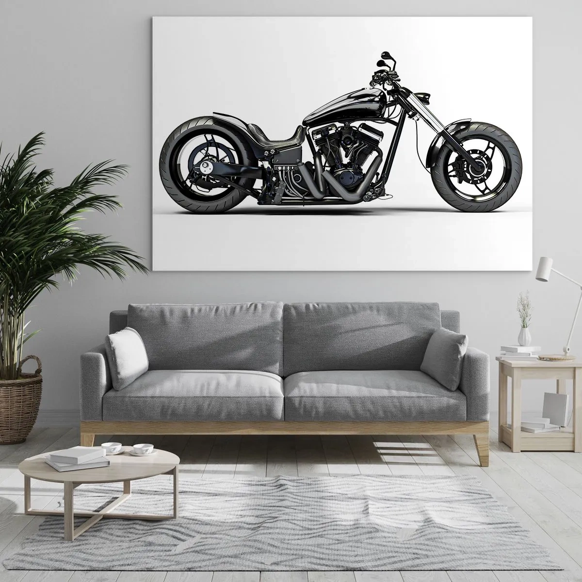 Quadro em vidro - Moto preta personalizada em fundo branco - 70x50cm - Para aqueles que amam a liberdade - Decoração de parede moderna para a sala de estar e quarto ARTTOR