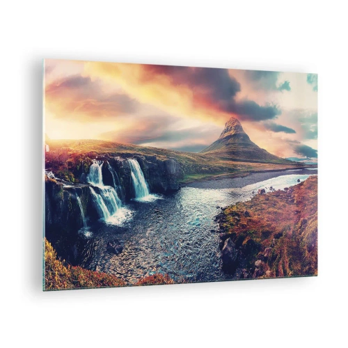 Quadro em vidro - Cachoeira e montanha ao pôr do sol na paisagem islandesa - 70x50cm - Na majestade da natureza - Decoração de parede moderna para a sala de estar e quarto ARTTOR