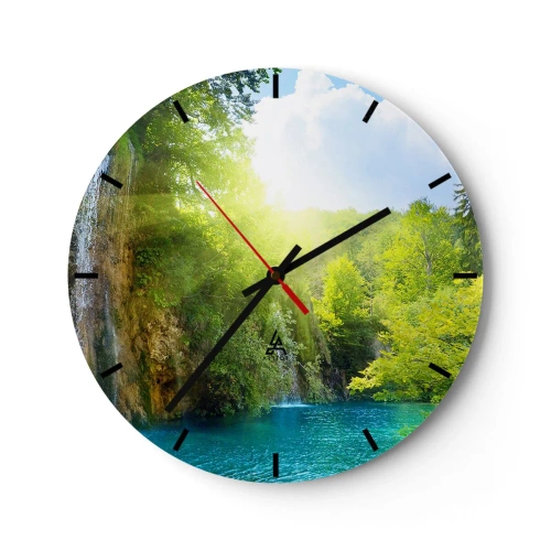 Relógio de parede - Relógio em vidro - Uma cachoeira entre vegetação e água azul - 30x30cm - Deve ser o Éden - Decoração de parede moderna para a sala de estar, cozinha e quarto ARTTOR