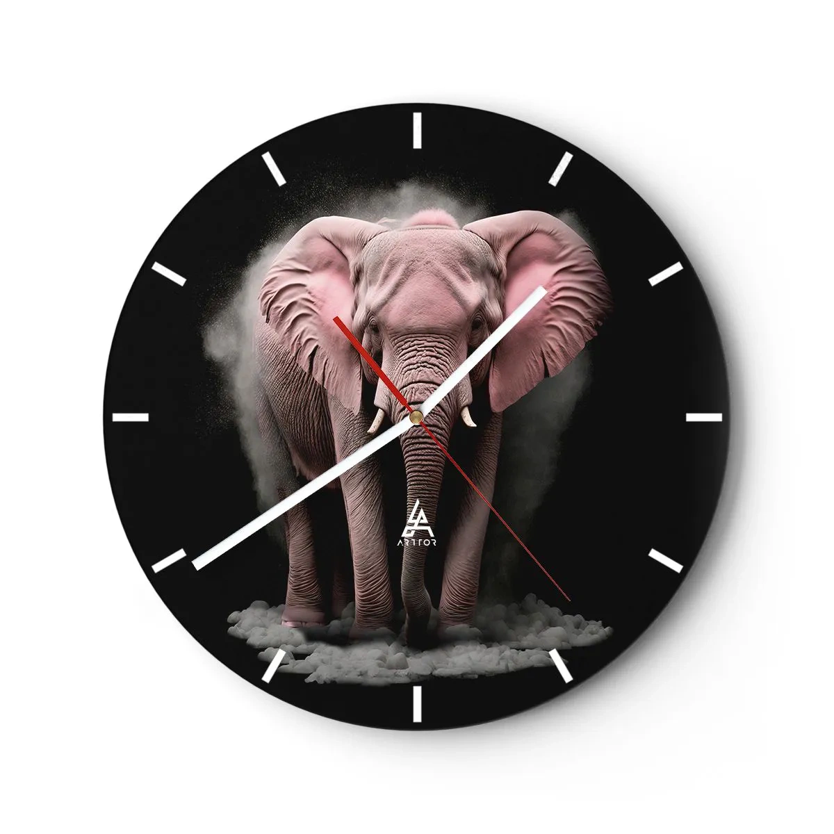 Relógio de parede - Relógio em vidro - Um elefante rosa em um fundo preto cercado por neblina - 30x30cm - Não pense em um elefante rosa! - Decoração de parede moderna para a sala de estar, cozinha e quarto ARTTOR