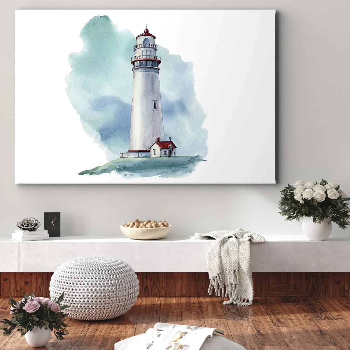 Quadro em tela - Um farol contra um fundo azul aquarela - 70x50cm - A gentil irmã do azul - Decoração de parede moderna para a sala de estar e quarto ARTTOR