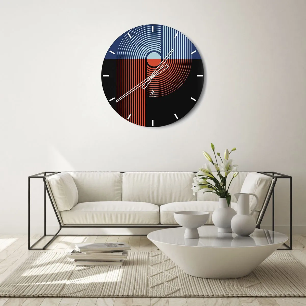 Relógio de parede - Relógio em vidro - Composição geométrica com círculos e linhas em cores contrastantes - 30x30cm - Num abraço geométrico - Decoração de parede moderna para a sala de estar, cozinha e quarto ARTTOR