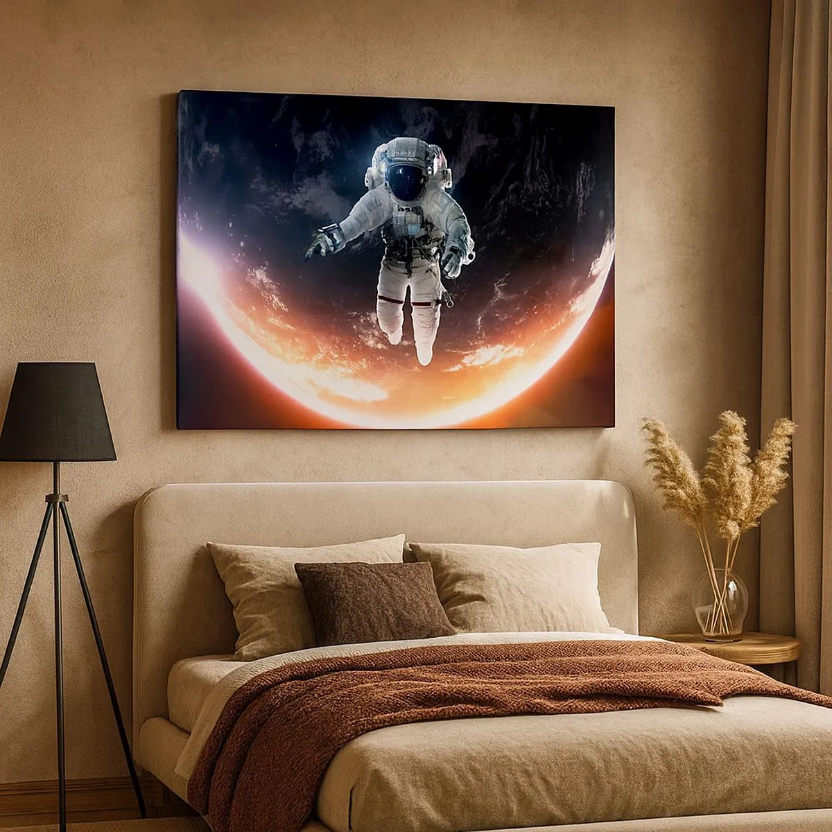 Quadro em tela - Um astronauta flutuando sobre uma Terra iluminada pelo sol - 70x50cm - Posso ficar um pouco mais? - Decoração de parede moderna para a sala de estar e quarto ARTTOR