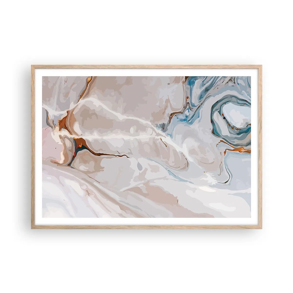 Pôster com moldura de carvalho claro - Meandros azuis sob branco - 100x70 cm