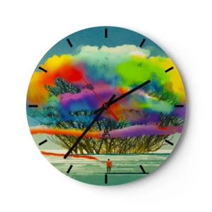 Relógio de parede - Relógio em vidro - Uma figura contra o fundo de nuvens coloridas e silhuetas de árvores - 30x30cm - Dar vida a este mundo - Decoração de parede moderna para a sala de estar, cozinha e quarto ARTTOR