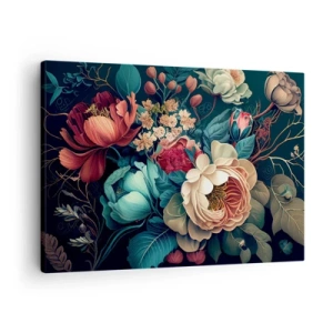 Quadro em tela - Uma composição colorida de flores em um fundo escuro - 70x50cm - Charme do século 19 - Decoração de parede moderna para a sala de estar e quarto ARTTOR
