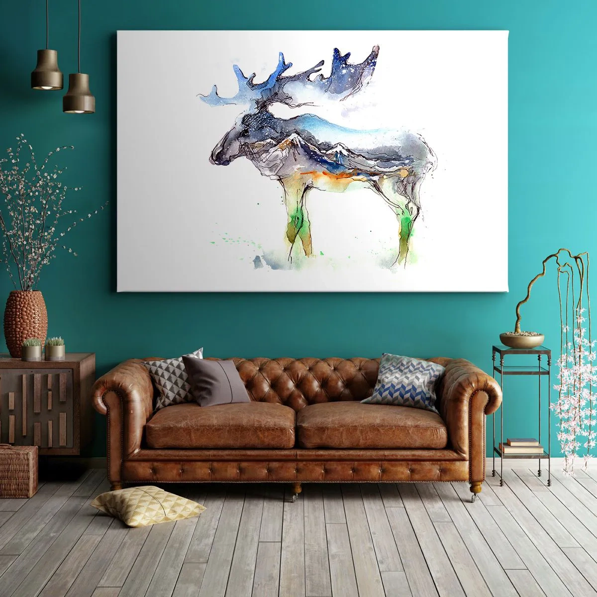 Quadro em tela - Silhueta em aquarela de um alce com uma paisagem montanhosa - 70x50cm - O herói do conto de inverno - Decoração de parede moderna para a sala de estar e quarto ARTTOR
