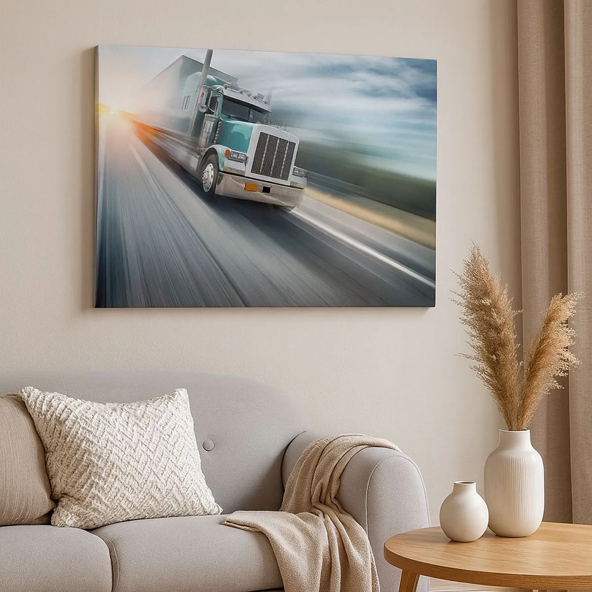 Quadro em tela - Um caminhão na rodovia em movimento ao pôr do sol - 70x50cm - Gigante americano com pressa - Decoração de parede moderna para a sala de estar e quarto ARTTOR