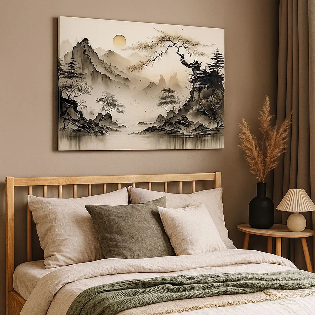 Quadro em tela - Uma paisagem oriental com montanhas e um pagode em tons delicados. - 70x50cm - O charme único do Oriente - Decoração de parede moderna para a sala de estar e quarto ARTTOR