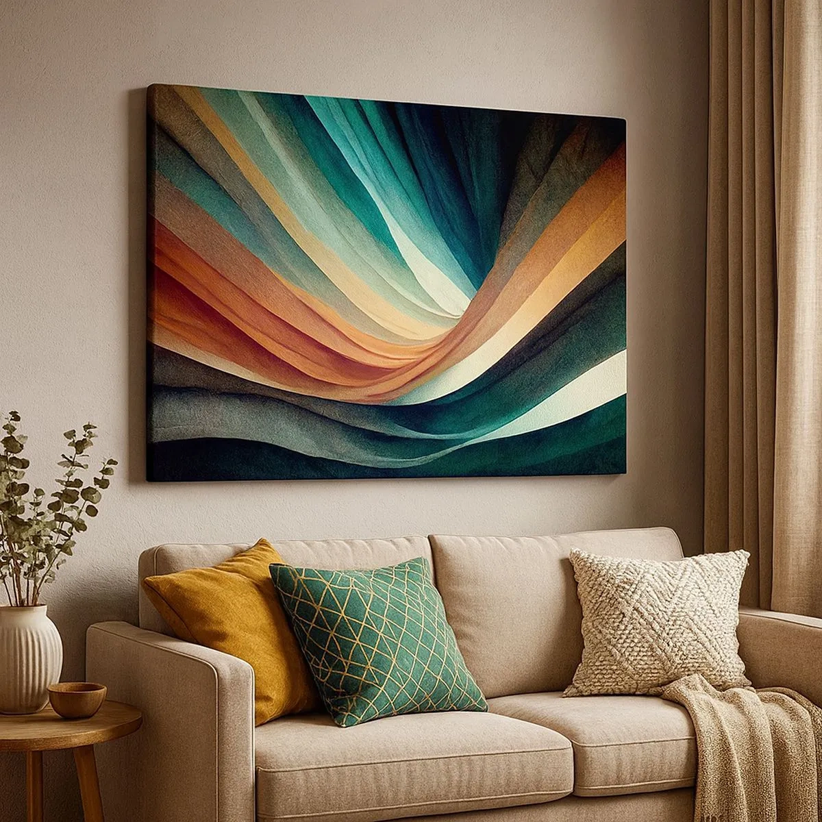 Quadro em tela - Ondas abstratas em tons quentes e frios - 70x50cm - Tecido de cores - Decoração de parede moderna para a sala de estar e quarto ARTTOR