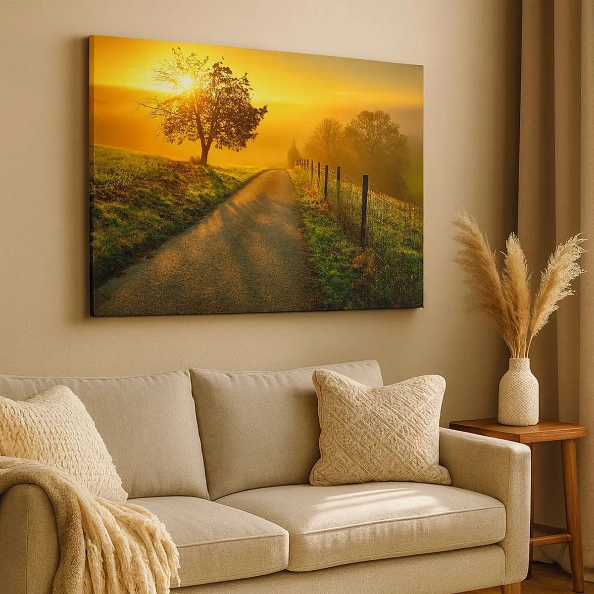 Quadro em tela - Uma estrada pitoresca ao pôr do sol com uma árvore solitária ao fundo - 70x50cm - Uma tarde agradável - Decoração de parede moderna para a sala de estar e quarto ARTTOR