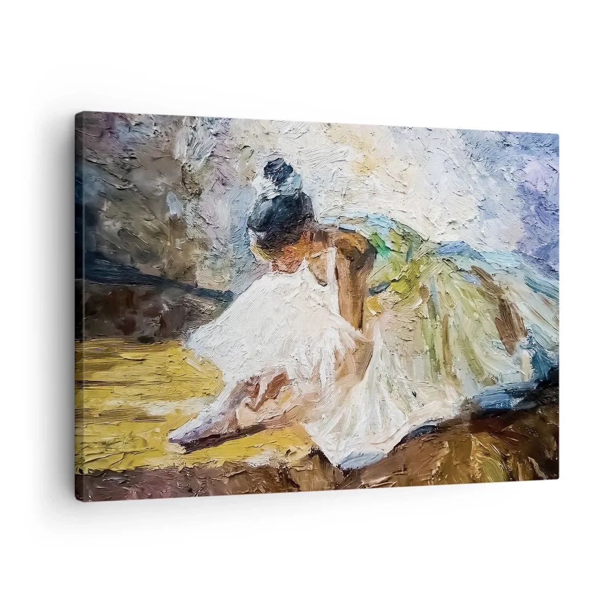 Quadro em tela - Uma bailarina de vestido branco em estilo pictórico sobre um fundo impressionista. - 70x50cm - Do quadro de Degas - Decoração de parede moderna para a sala de estar e quarto ARTTOR