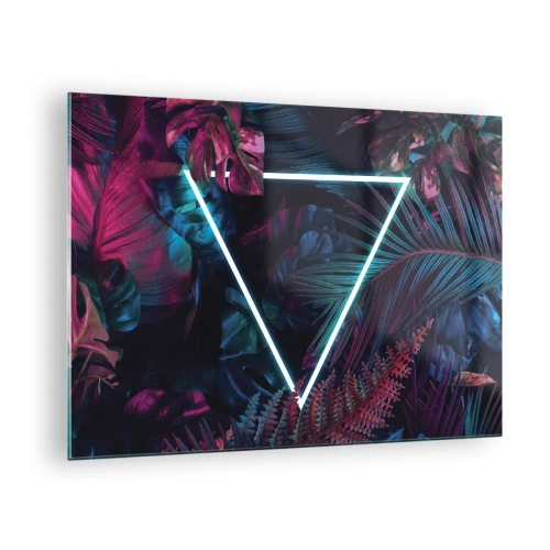 Quadro em vidro - Um triângulo neon cercado por plantas tropicais em tons de rosa e azul. - 70x50cm - Jardim estilo discoteca - Decoração de parede moderna para a sala de estar e quarto ARTTOR