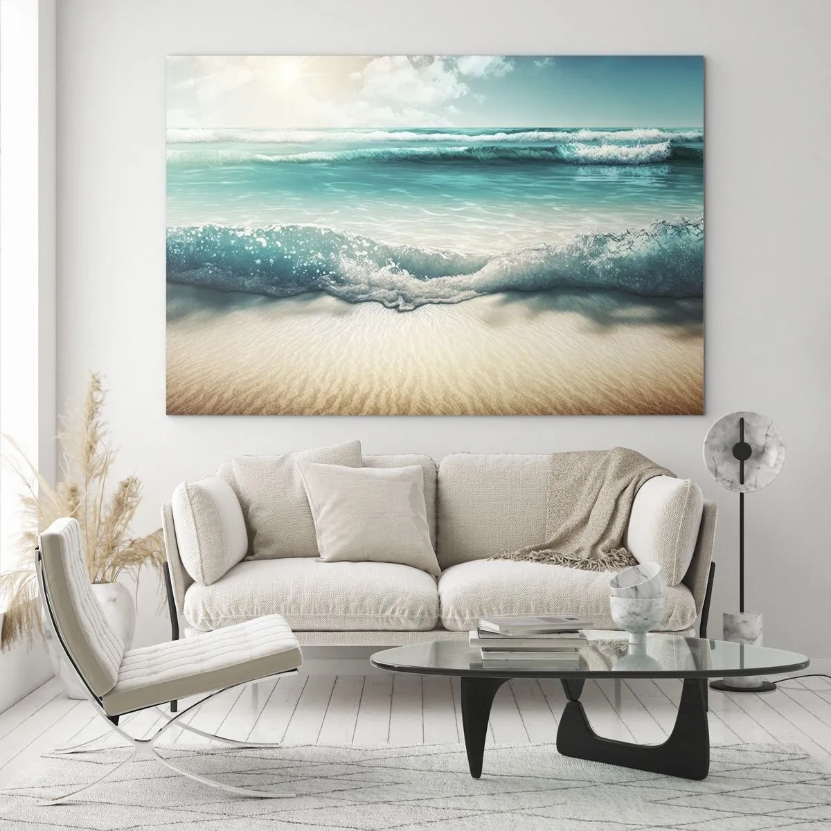 Quadro em vidro - Ondas turquesas do oceano batendo contra uma praia de areia - 70x50cm - A paz do oceano - Decoração de parede moderna para a sala de estar e quarto ARTTOR
