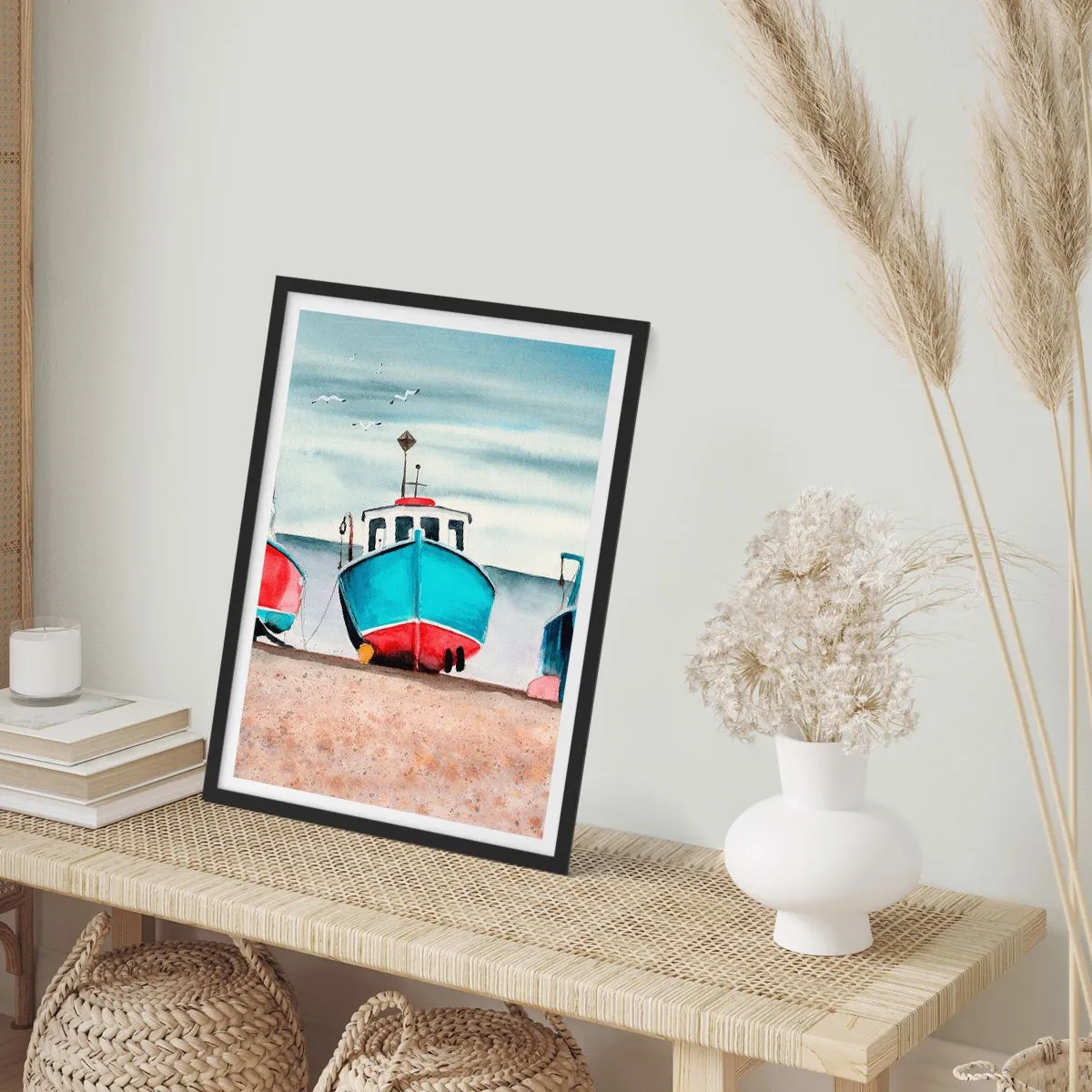 Pôster com moldura preta - Barcos de pesca azuis pitorescos na costa - 50x70cm - Pronto para pescar - Decoração de parede moderna para a sala de estar e quarto ARTTOR