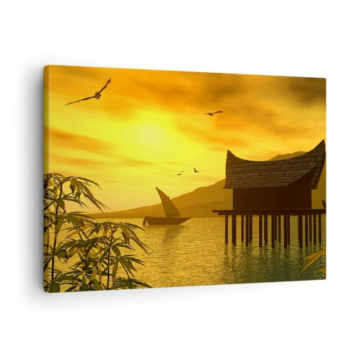Quadro em tela - Pôr do sol tropical sobre a água com uma casa de madeira sobre palafitas. - 70x50cm - A desejada paz - Decoração de parede moderna para a sala de estar e quarto ARTTOR