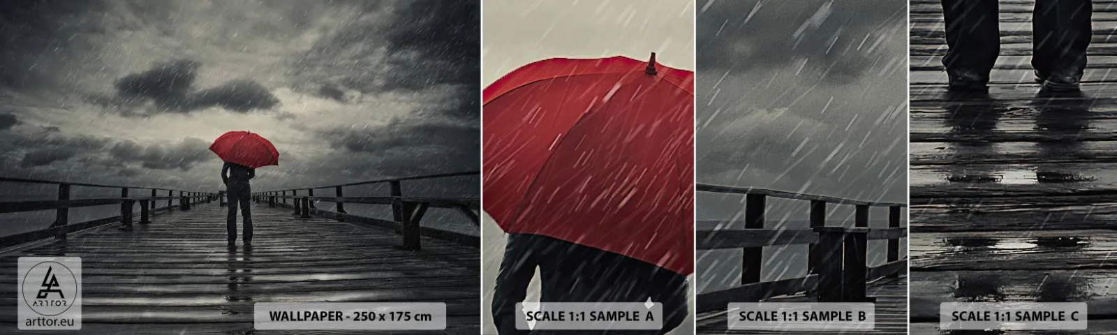 Amostra de papel de parede autocolante Deluxe Sticker - Não faz mal que chova - Cais de madeira, Mar, Caminhada na chuva - 100x30 cm