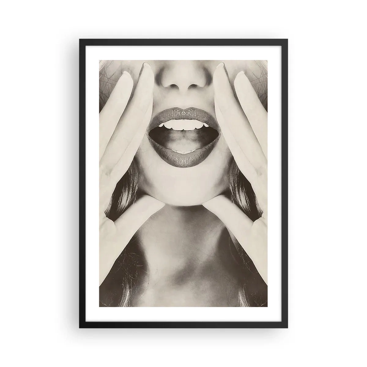 Pôster com moldura preta - Close artístico de lábios em estilo monocromático - 50x70cm - Já vou! - Decoração de parede moderna para a sala de estar e quarto ARTTOR