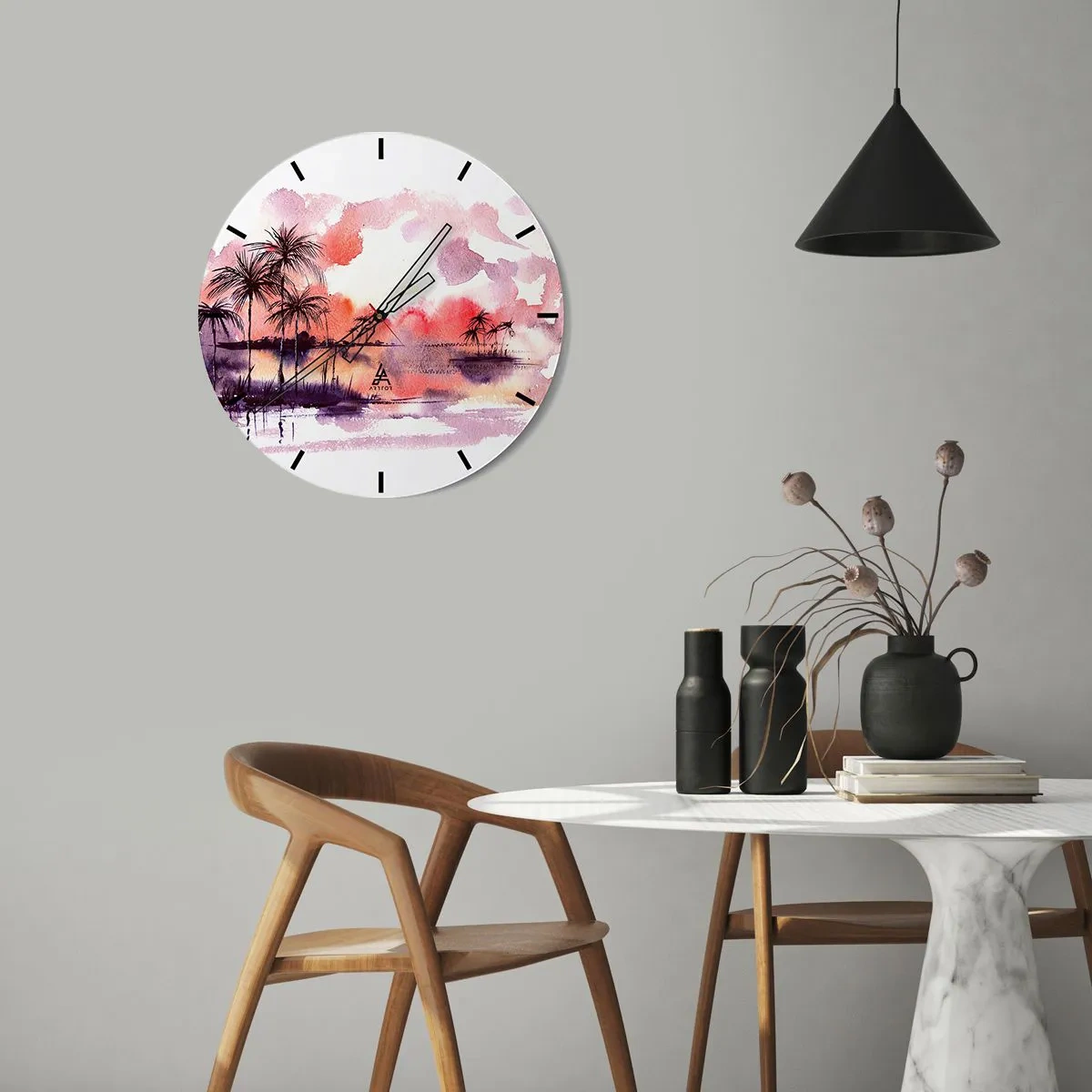 Relógio de parede - Relógio em vidro - Paisagem em aquarela com palmeiras ao pôr do sol - 30x30cm - A tranquilidade dos trópicos em vermelho - Decoração de parede moderna para a sala de estar, cozinha e quarto ARTTOR
