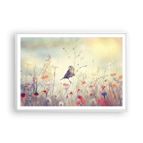 Pôster em moldura branca - Retrato de um pássaro com um prado no fundo - 100x70 cm