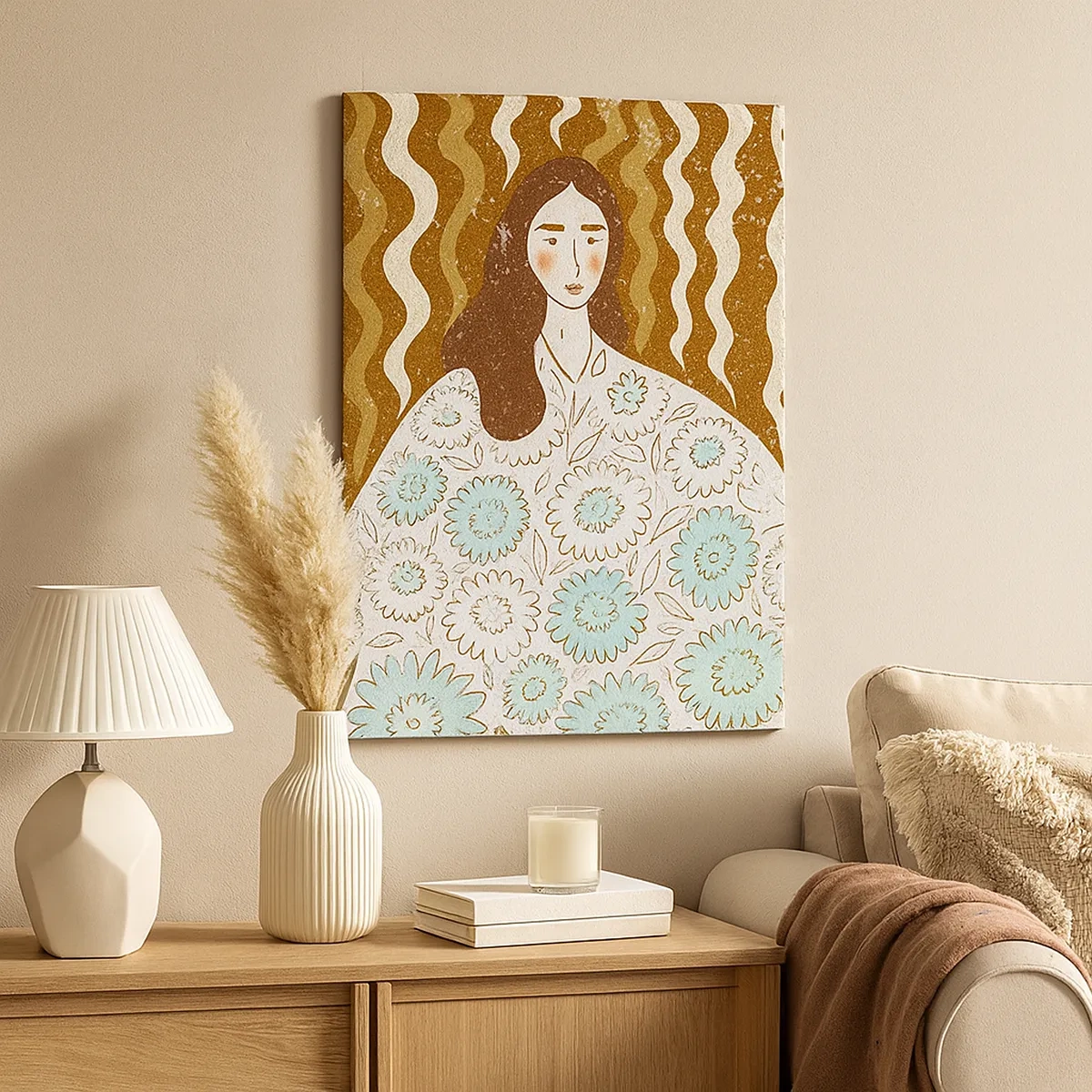 Quadro em tela - Retrato em um manto floral - 50x70 cm