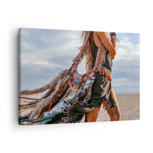 Quadro em tela - Uma mulher em estilo boho com detalhes de penas e joias - 70x50cm - Namorada do Xamã - Decoração de parede moderna para a sala de estar e quarto ARTTOR